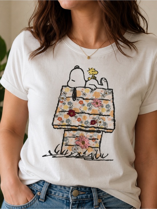 Peanuts Tops - Peanuts White Short Sleeve Tee with Floral Snoopy & Woodstock Graphic XS